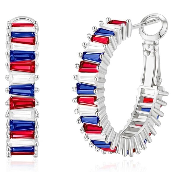 14K White Gold with Multicolored Cubic Zirconia Drop Hoop Leverback Earrings - Picture 1 of 8